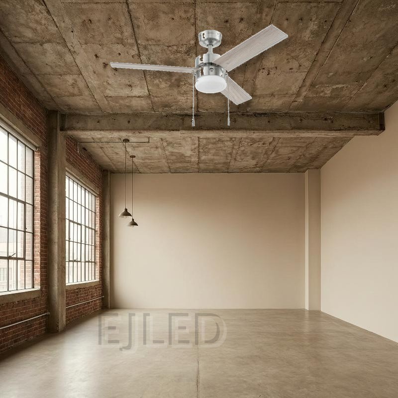This brushed nickel ceiling fan features three light wood-grain blades, two pull chains, and an integrated white glass shade light kit for homes and commercial spaces. - view 4