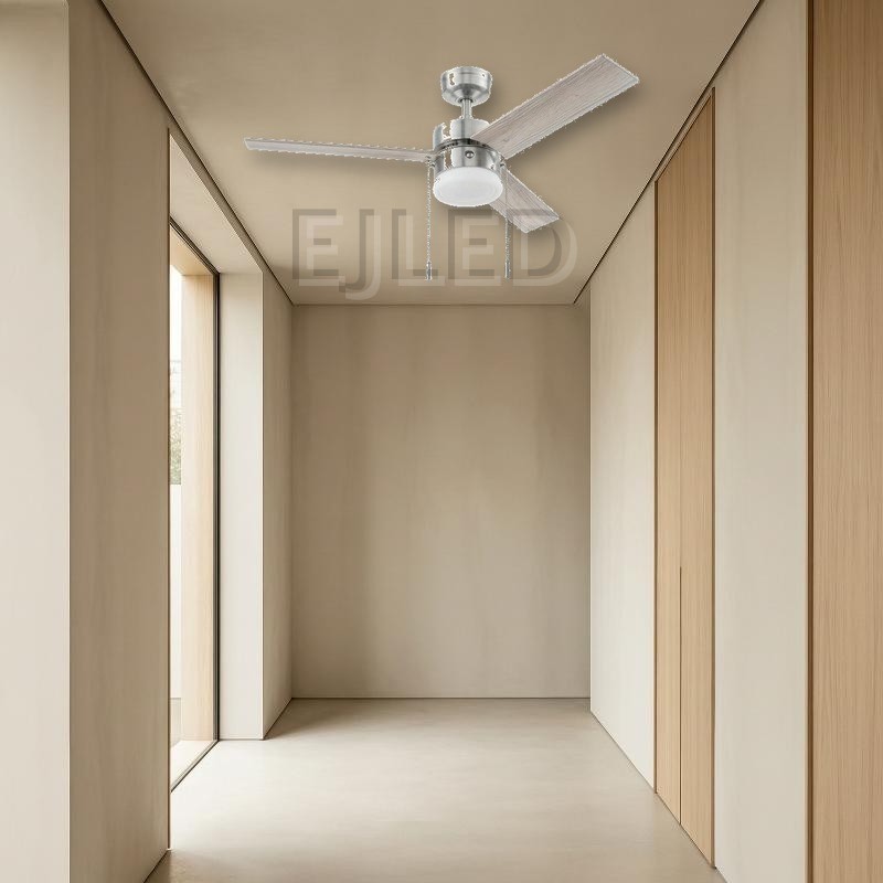 This brushed nickel ceiling fan features three light wood-grain blades, two pull chains, and an integrated white glass shade light kit for homes and commercial spaces. - view 5