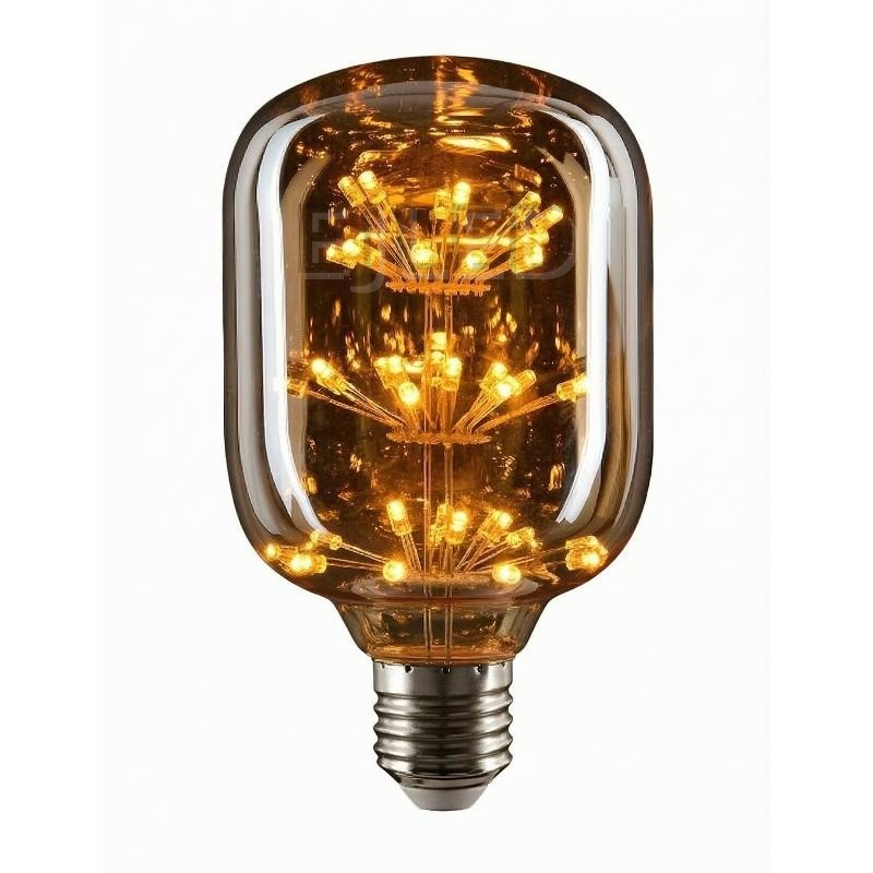 This amber glass starry LED bulb features multiple tiers of decorative interior lights inside a cylindrical glass shade with an Edison screw base.
