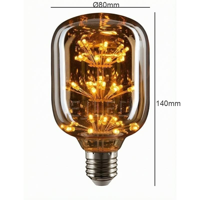 This amber glass starry LED bulb features multiple tiers of decorative interior lights inside a cylindrical glass shade with an Edison screw base. - view 4