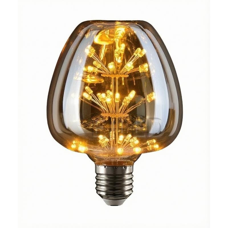 This amber glass decorative LED bulb features a distinctive multi-tier starburst filament arrangement inside a tinted shade with a standard metal screw base.