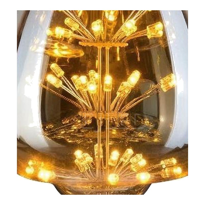 This amber glass decorative LED bulb features a distinctive multi-tier starburst filament arrangement inside a tinted shade with a standard metal screw base. - view 3