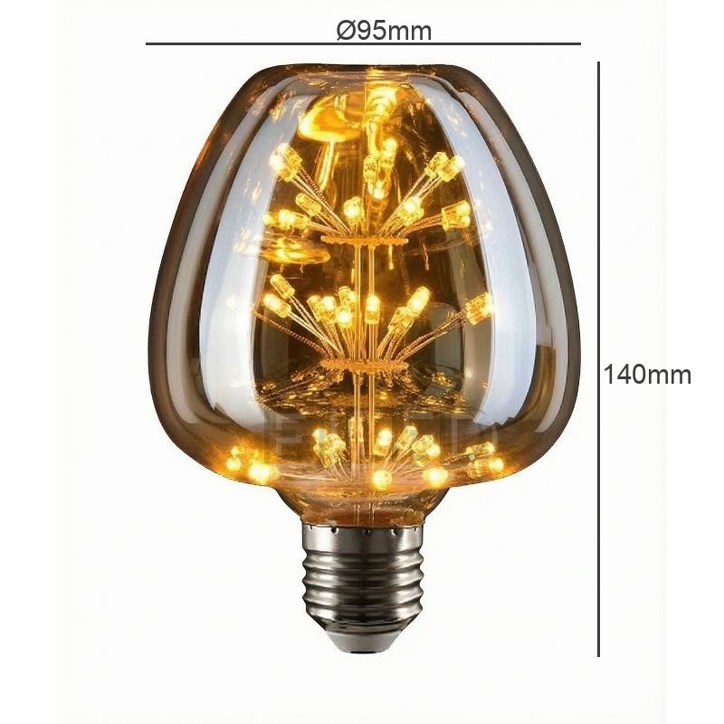 This amber glass decorative LED bulb features a distinctive multi-tier starburst filament arrangement inside a tinted shade with a standard metal screw base. - view 4