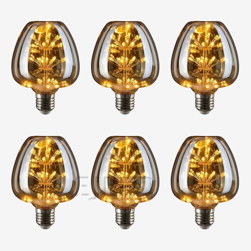 This amber glass decorative LED bulb features a distinctive multi-tier starburst filament arrangement inside a tinted shade with a standard metal screw base. - view 5