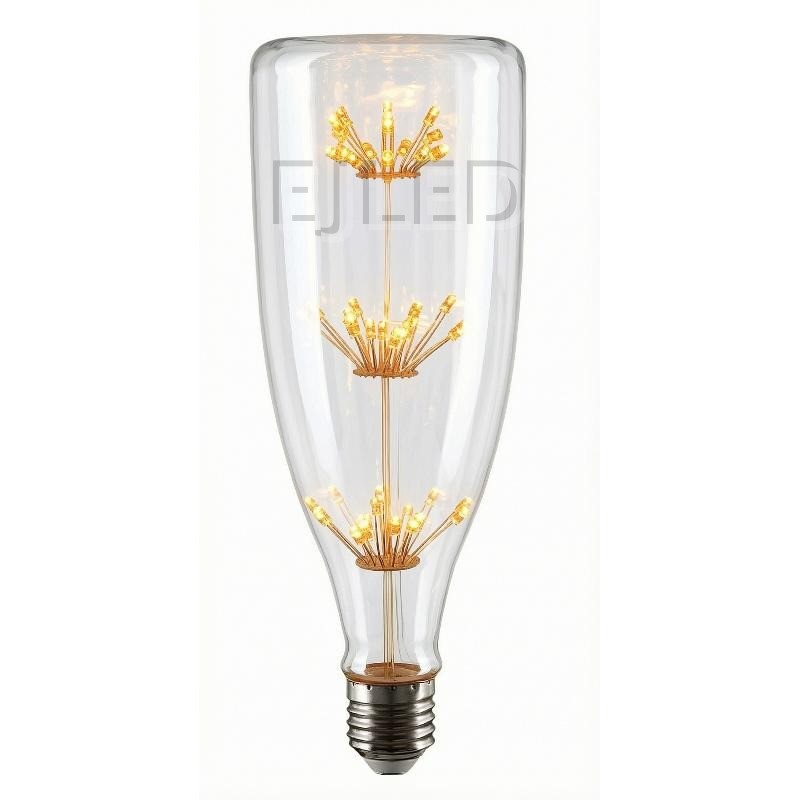This clear glass starry LED bulb features a tall bottle shape and three vertical tiers of delicate firework style filaments connected to a standard screw base.