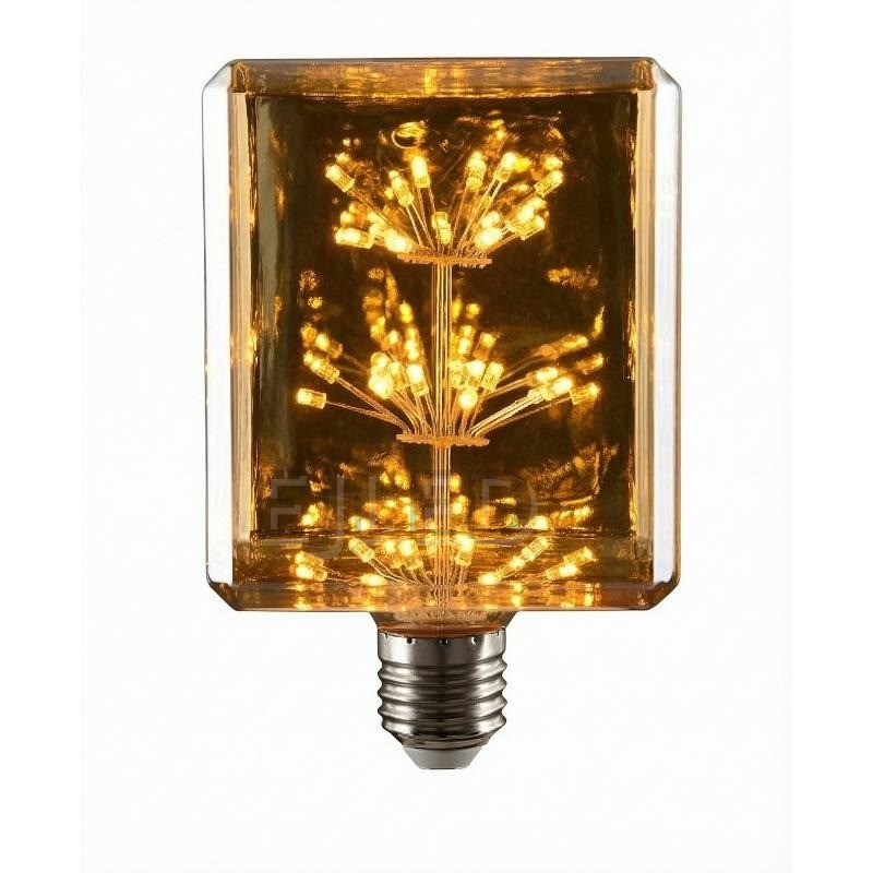 This amber glass starry LED bulb features a rectangular shape with internal light clusters. It works as an eye-catching decorative lamp for fixtures with an Edison screw base.