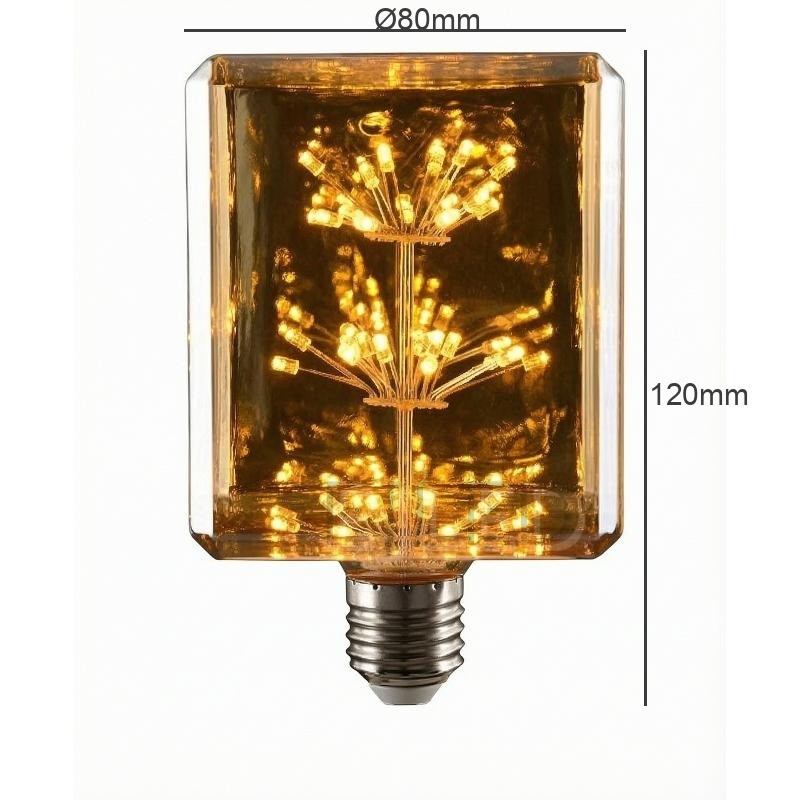 This amber glass starry LED bulb features a rectangular shade enclosing multi-tiered wire arrays with small warm light sources powered by an E27 base. - view 4