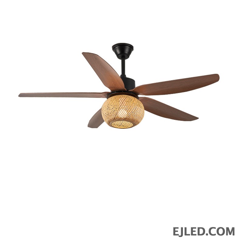This ceiling fan light features five blades with a dark wood finish and a matte black ABS body. It includes a single light source housed within a spherical, open-weave rattan shade.