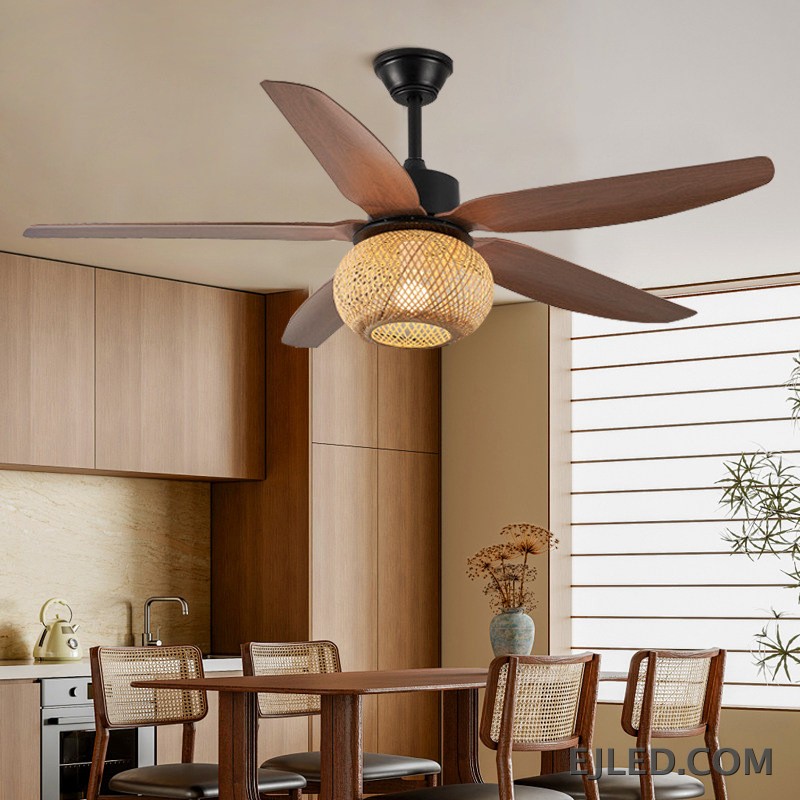 This ceiling fan light features five blades with a dark wood finish and a matte black ABS body. It includes a single light source housed within a spherical, open-weave rattan shade. - view 6