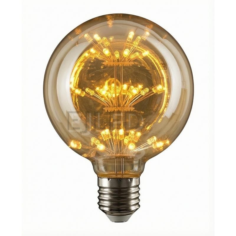 This amber glass G125 starry LED bulb features a warm glow from internal fine wires and miniature diodes, offering a decorative retro light source for commercial and residential fixtures.