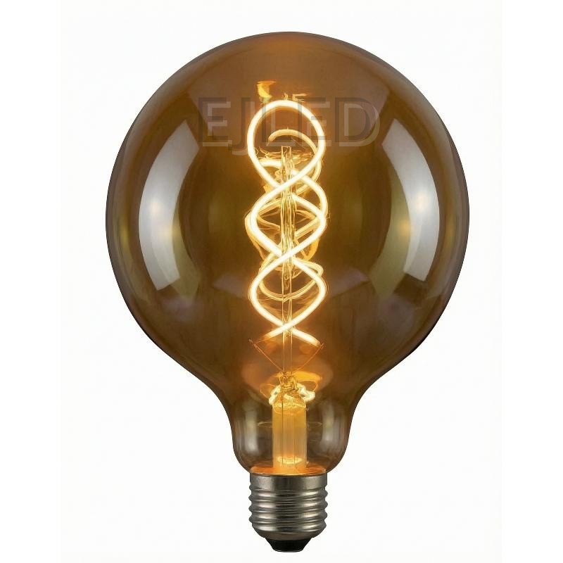 This amber glass soft filament LED bulb features a large round globe shape and a warm decorative spiral filament inside, running on 4 watts.