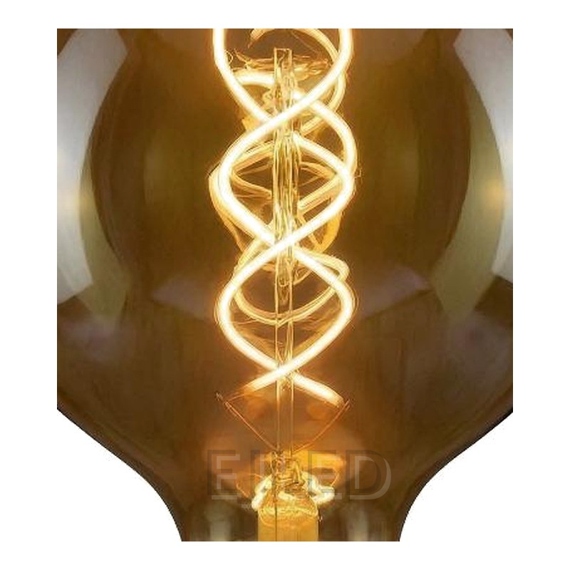 This amber glass soft filament LED bulb features a large round globe shape and a warm decorative spiral filament inside, running on 4 watts. - view 3