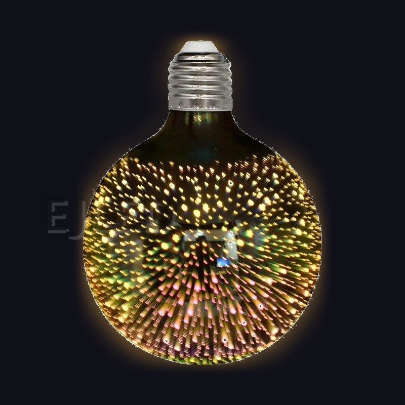 This clear glass globe lamp features a threaded metal screw base and a spherical 3D galaxy effect shade with a starry light pattern. - view 2