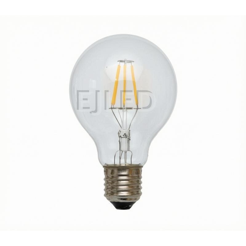 This clear glass globe light bulb features exposed LED filaments and a standard threaded base, designed for decorative fixtures and visible pendant applications.