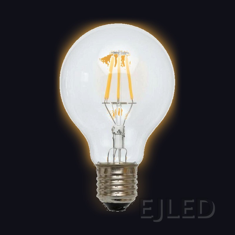 This clear glass globe light bulb features exposed LED filaments and a standard threaded base, designed for decorative fixtures and visible pendant applications. - view 2