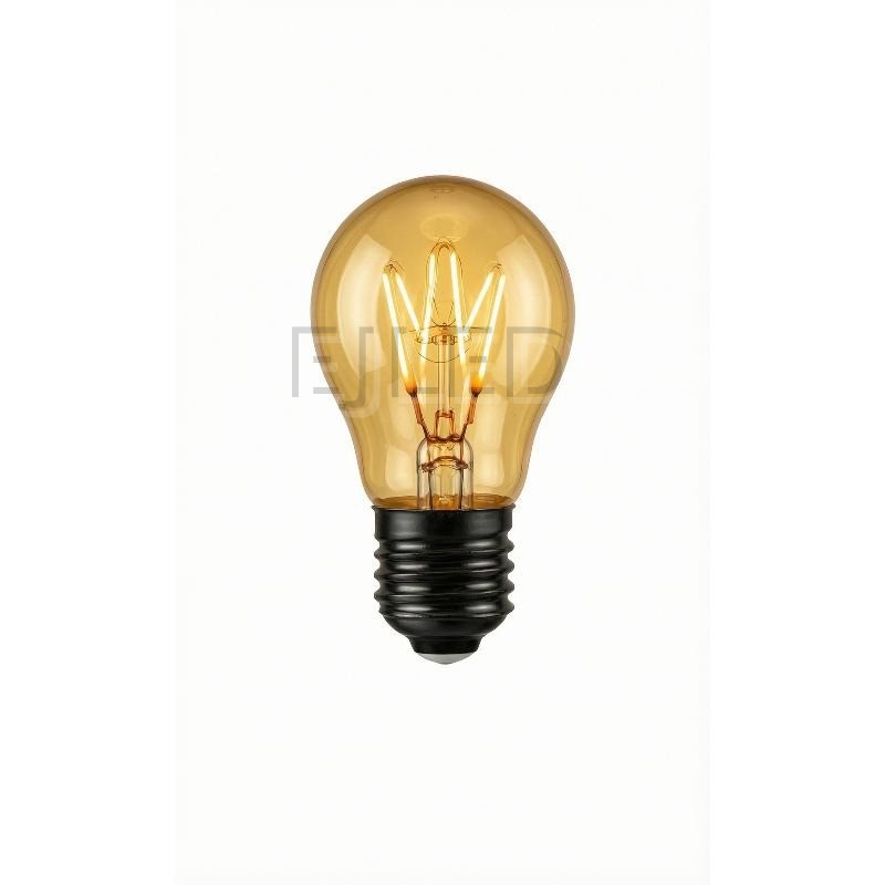 This amber glass soft filament LED bulb features a warm golden finish and a compact globe shape for decorative interior lighting fixtures.