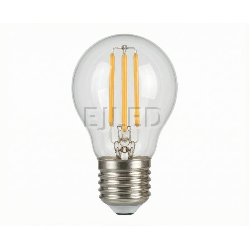 This clear glass G45 LED filament bulb features vertical internal filaments inside a transparent bulb, paired with a standard metal screw base.
