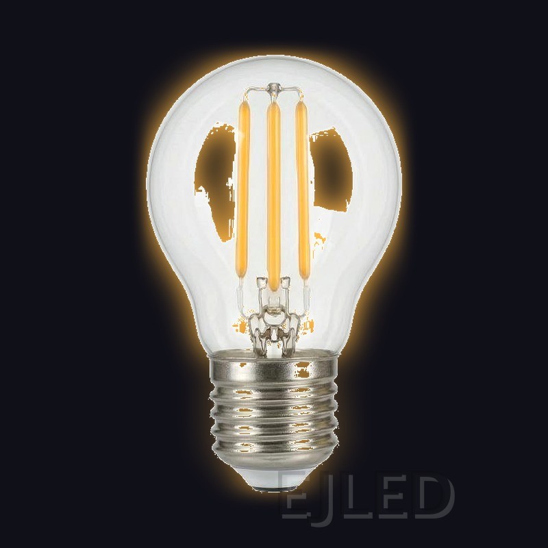 This clear glass G45 LED filament bulb features vertical internal filaments inside a transparent bulb, paired with a standard metal screw base. - view 2