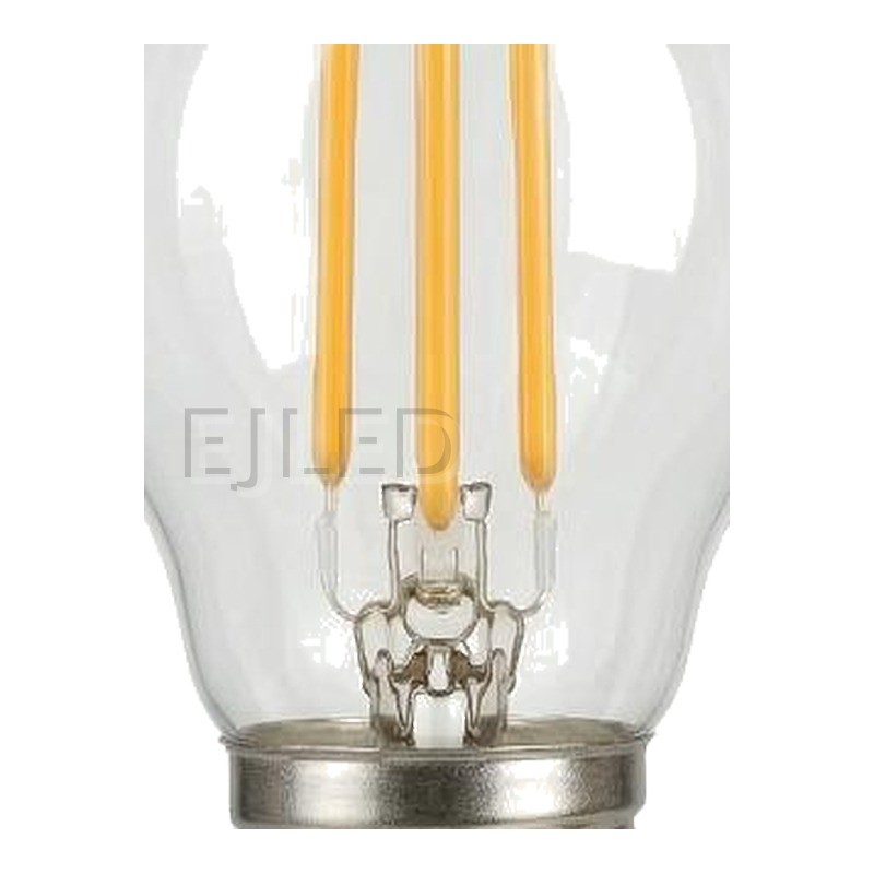 This clear glass G45 LED filament bulb features vertical internal filaments inside a transparent bulb, paired with a standard metal screw base. - view 3