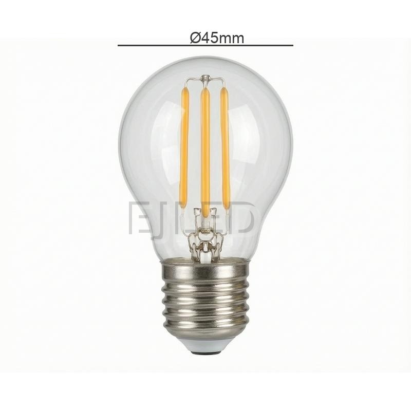 This clear glass G45 LED filament bulb features vertical internal filaments inside a transparent bulb, paired with a standard metal screw base. - view 4
