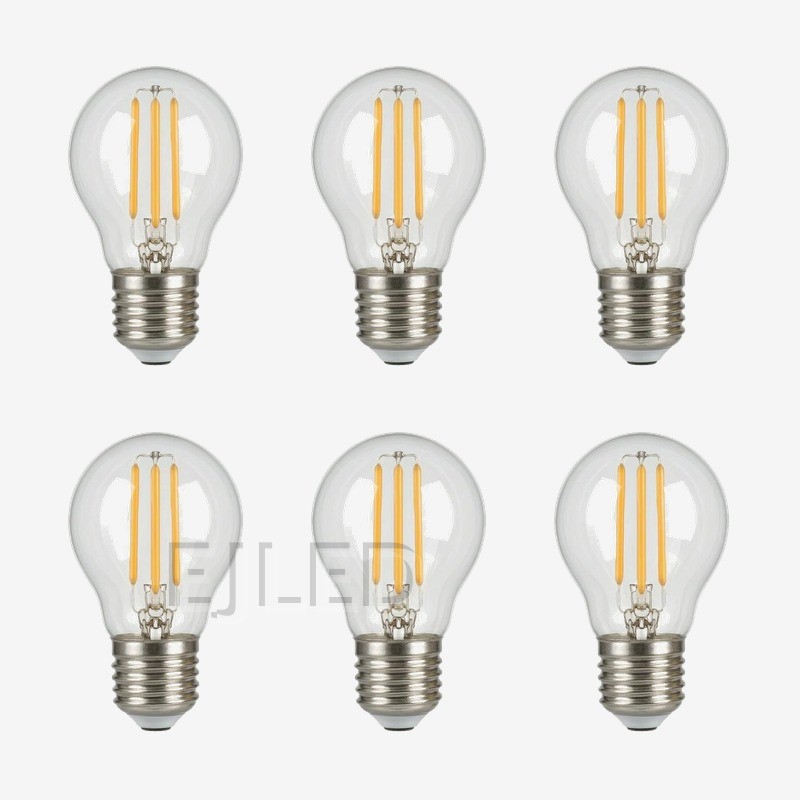 This clear glass G45 LED filament bulb features vertical internal filaments inside a transparent bulb, paired with a standard metal screw base. - view 5
