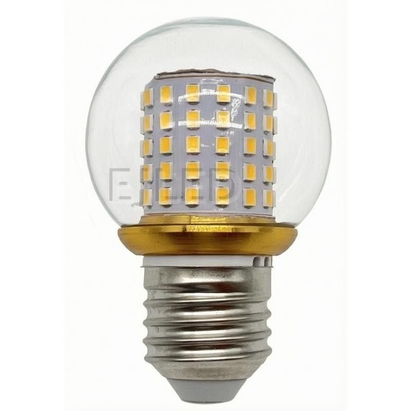 This LED patch bulb features a round clear glass globe enclosing a vertical milky white LED chip array with an E-series screw base and gold collar.