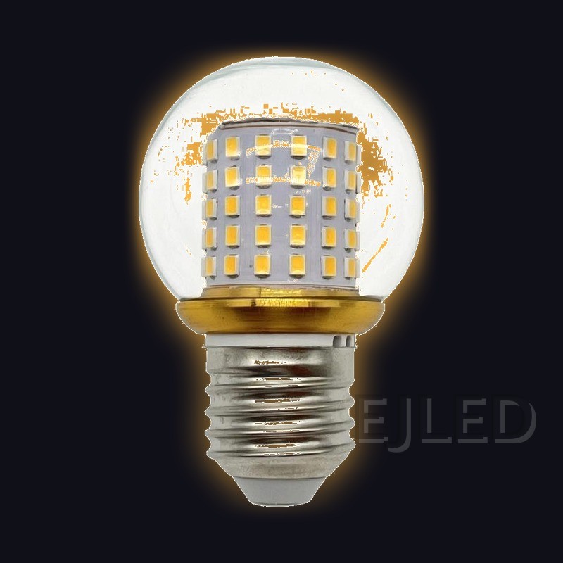 This LED patch bulb features a round clear glass globe enclosing a vertical milky white LED chip array with an E-series screw base and gold collar. - view 2