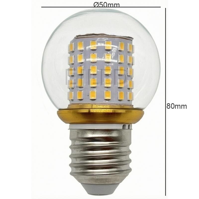This LED patch bulb features a round clear glass globe enclosing a vertical milky white LED chip array with an E-series screw base and gold collar. - view 4