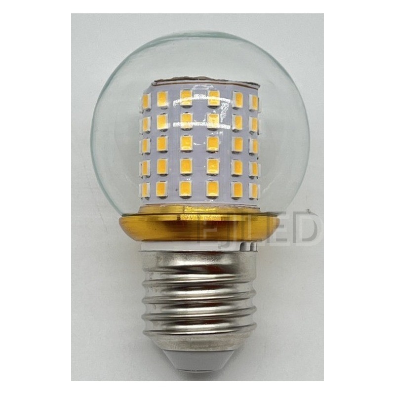 This LED patch bulb features a round clear glass globe enclosing a vertical milky white LED chip array with an E-series screw base and gold collar. - view 6