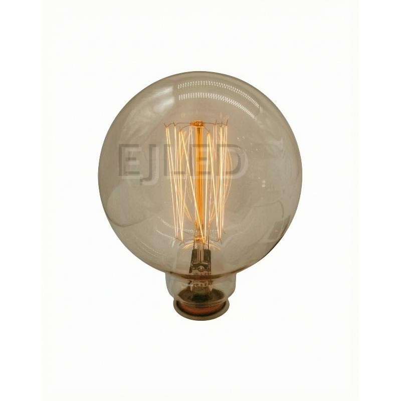 This amber glass incandescent bulb features a large round shape and exposed tungsten filaments inside a clear tinted globe. Model G80-40W-TF.