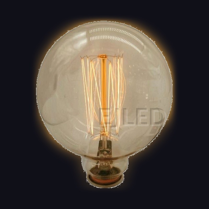 This amber glass incandescent bulb features a large round shape and exposed tungsten filaments inside a clear tinted globe. Model G80-40W-TF. - view 2