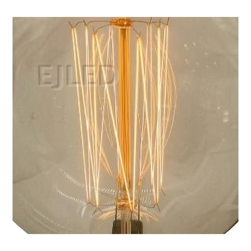 This amber glass incandescent bulb features a large round shape and exposed tungsten filaments inside a clear tinted globe. Model G80-40W-TF. - view 3