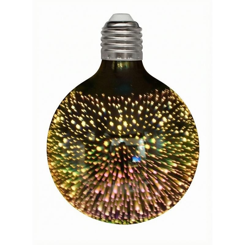 This G80 5W 3D galaxy LED bulb features a round glass globe with a clear finish and an intricate internal light pattern.
