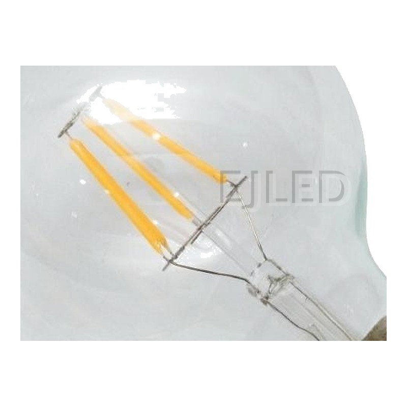 This clear glass globe lamp features three visible linear LED filaments and a standard threaded metal base, offering a classic retro style for exposed fixtures. - view 3