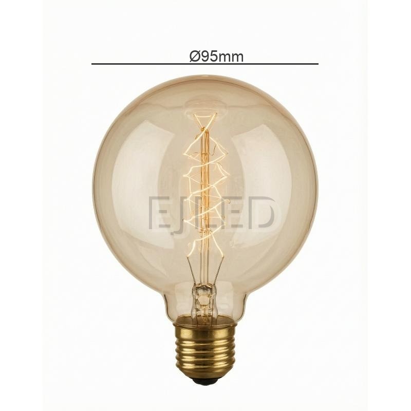 This amber glass G95 incandescent bulb features a spiral tungsten filament inside a large round globe. It operates on standard household voltage with a threaded brass base. - view 4