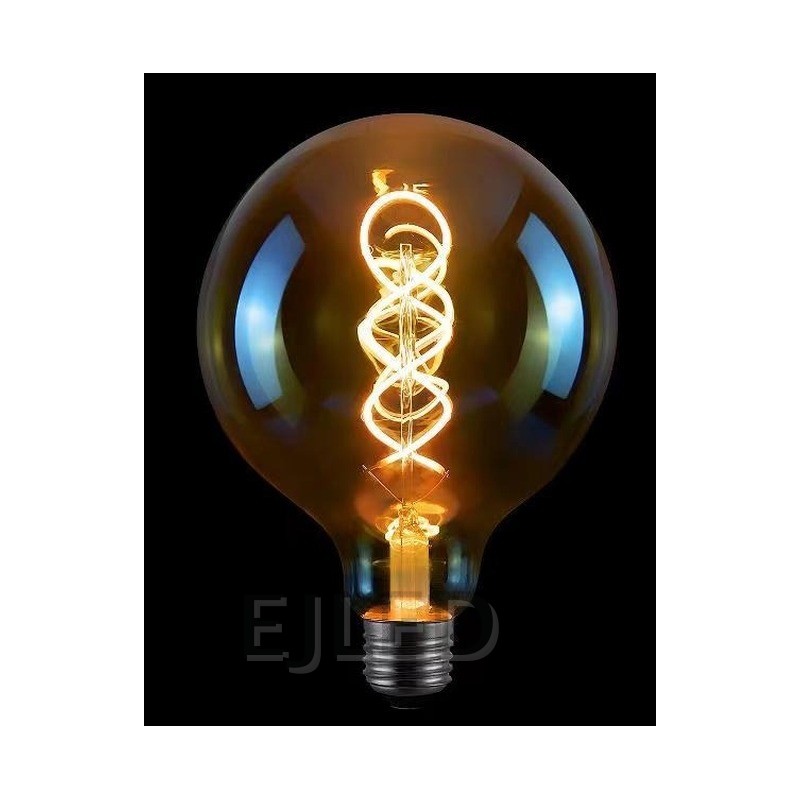 This G95-4W-SF soft filament LED bulb features a round amber glass shade and a spiral LED filament, combining vintage style with modern efficiency. - view 6