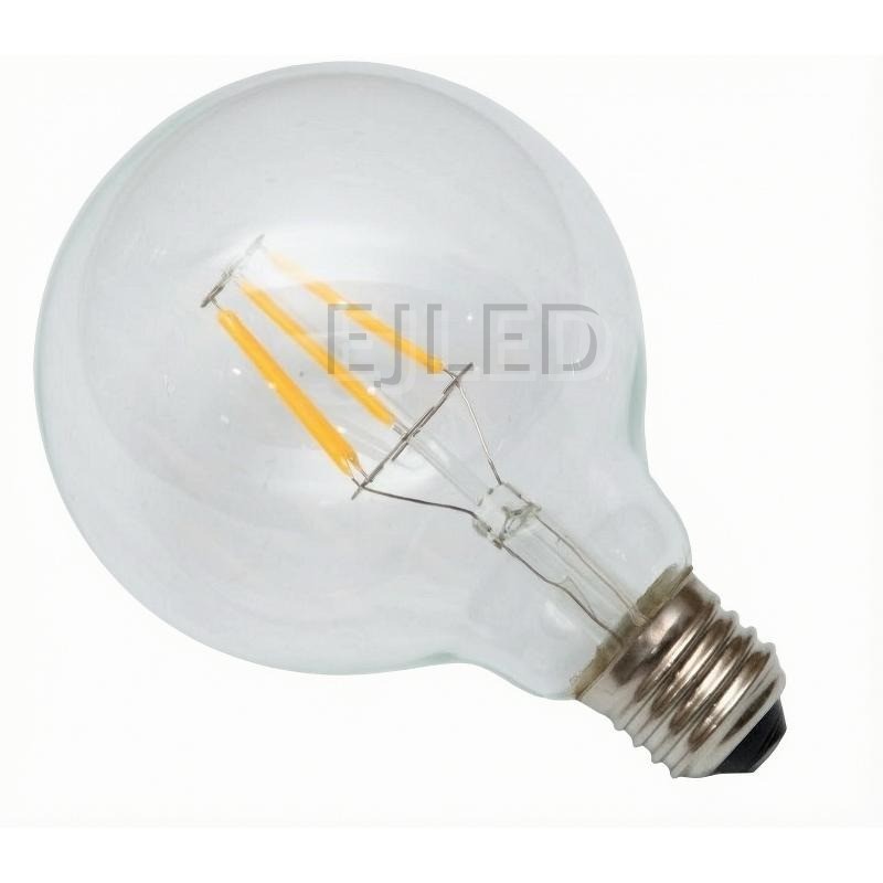 This G95-FL vintage filament bulb features a round clear glass shade and exposed yellow LED filaments, offering a classic look for decorative commercial and residential lighting projects.