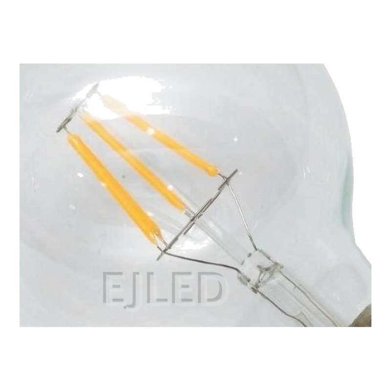 This G95-FL vintage filament bulb features a round clear glass shade and exposed yellow LED filaments, offering a classic look for decorative commercial and residential lighting projects. - view 3