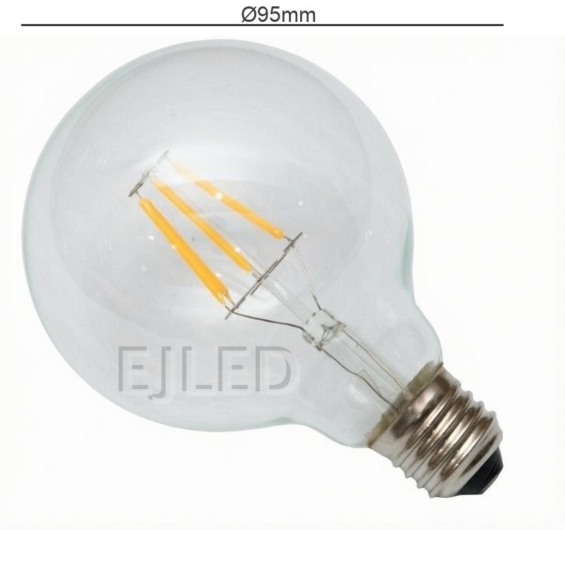 This G95-FL vintage filament bulb features a round clear glass shade and exposed yellow LED filaments, offering a classic look for decorative commercial and residential lighting projects. - view 4