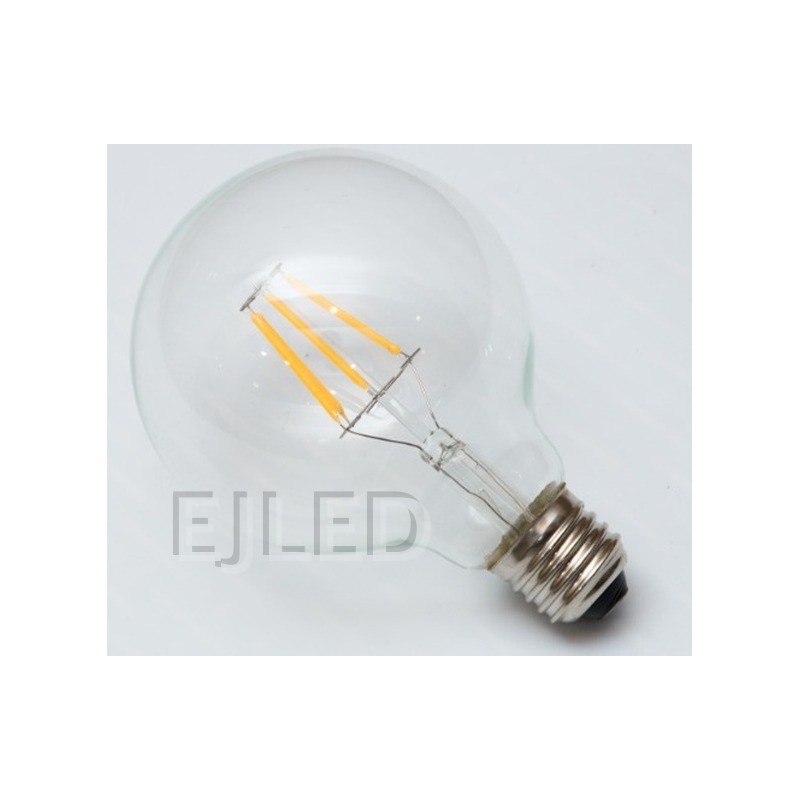 This G95-FL vintage filament bulb features a round clear glass shade and exposed yellow LED filaments, offering a classic look for decorative commercial and residential lighting projects. - view 6