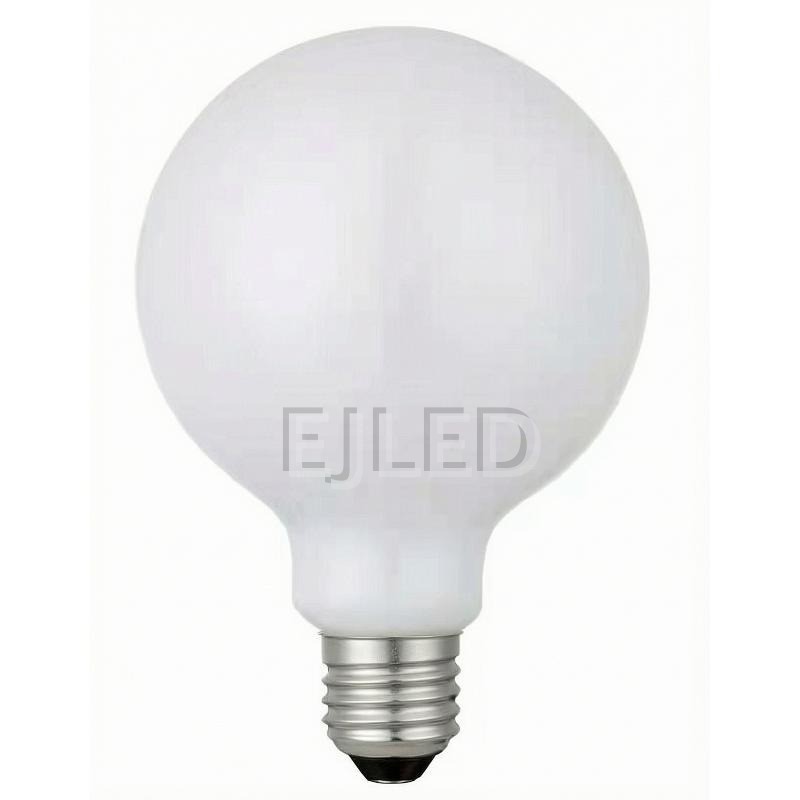 This milky white glass globe LED bulb provides soft, diffused illumination with a classic round shape and a standard screw base for commercial fixtures.