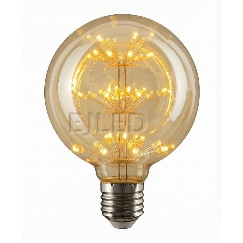 This amber glass G95-ST starry LED bulb features a spherical shade and warm internal lights mounted on thin wire spokes.
