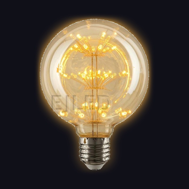 This amber glass G95-ST starry LED bulb features a spherical shade and warm internal lights mounted on thin wire spokes. - view 2