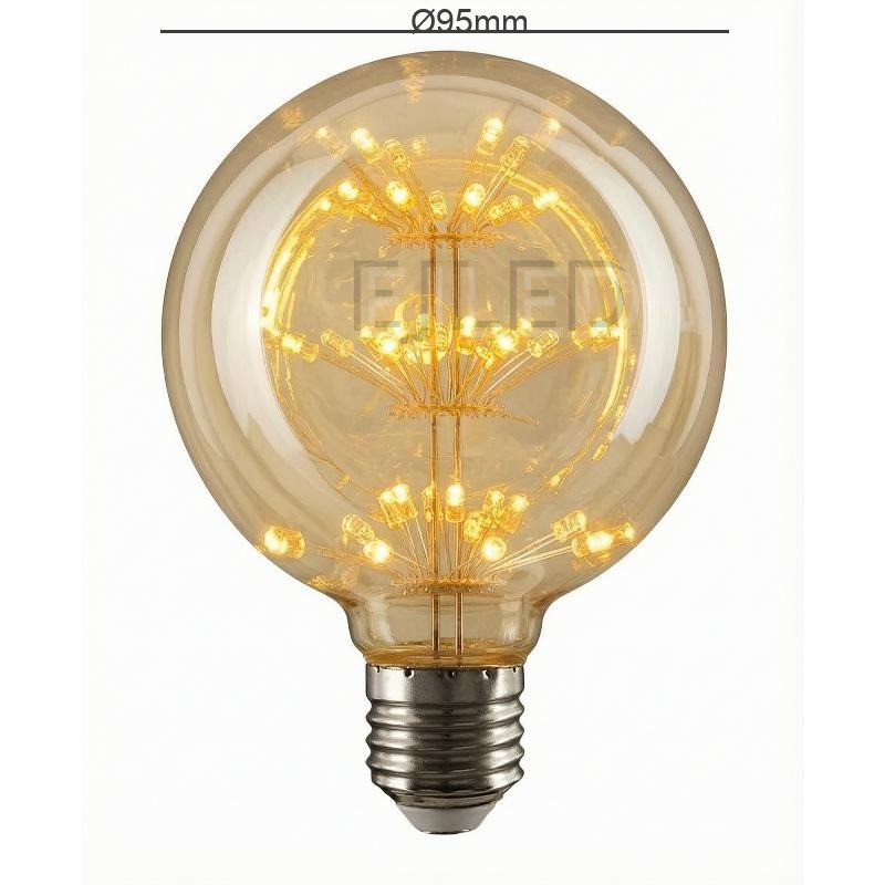 This amber glass G95-ST starry LED bulb features a spherical shade and warm internal lights mounted on thin wire spokes. - view 4