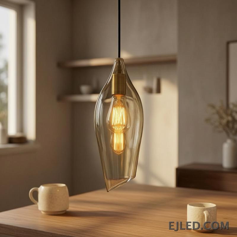 Esta lámpara colgante de cristal presenta una pantalla única asimétrica en forma de hoja con un tono ámbar cálido, que aloja una sola lámpara visible con portalámparas en tono latón. Cuelga de un cable negro sencillo y ofrece una base abierta para la difusión de la luz. - view 5