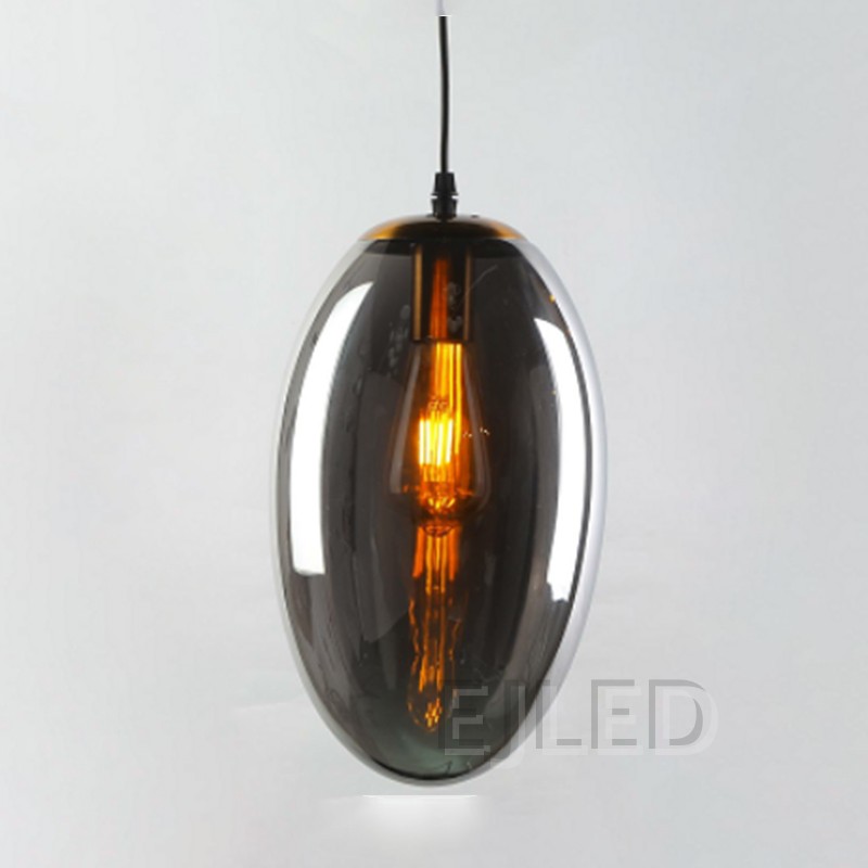 Esta lámpara colgante ovalada de vidrio presenta una pantalla cerrada de vidrio ahumado con acabado metálico reflectante, suspendida de un cable negro para espacios comerciales y residenciales modernos. - view 2
