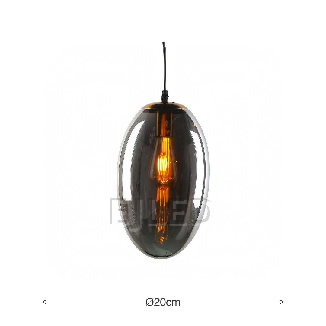 Esta lámpara colgante ovalada de vidrio presenta una pantalla cerrada de vidrio ahumado con acabado metálico reflectante, suspendida de un cable negro para espacios comerciales y residenciales modernos. - view 3