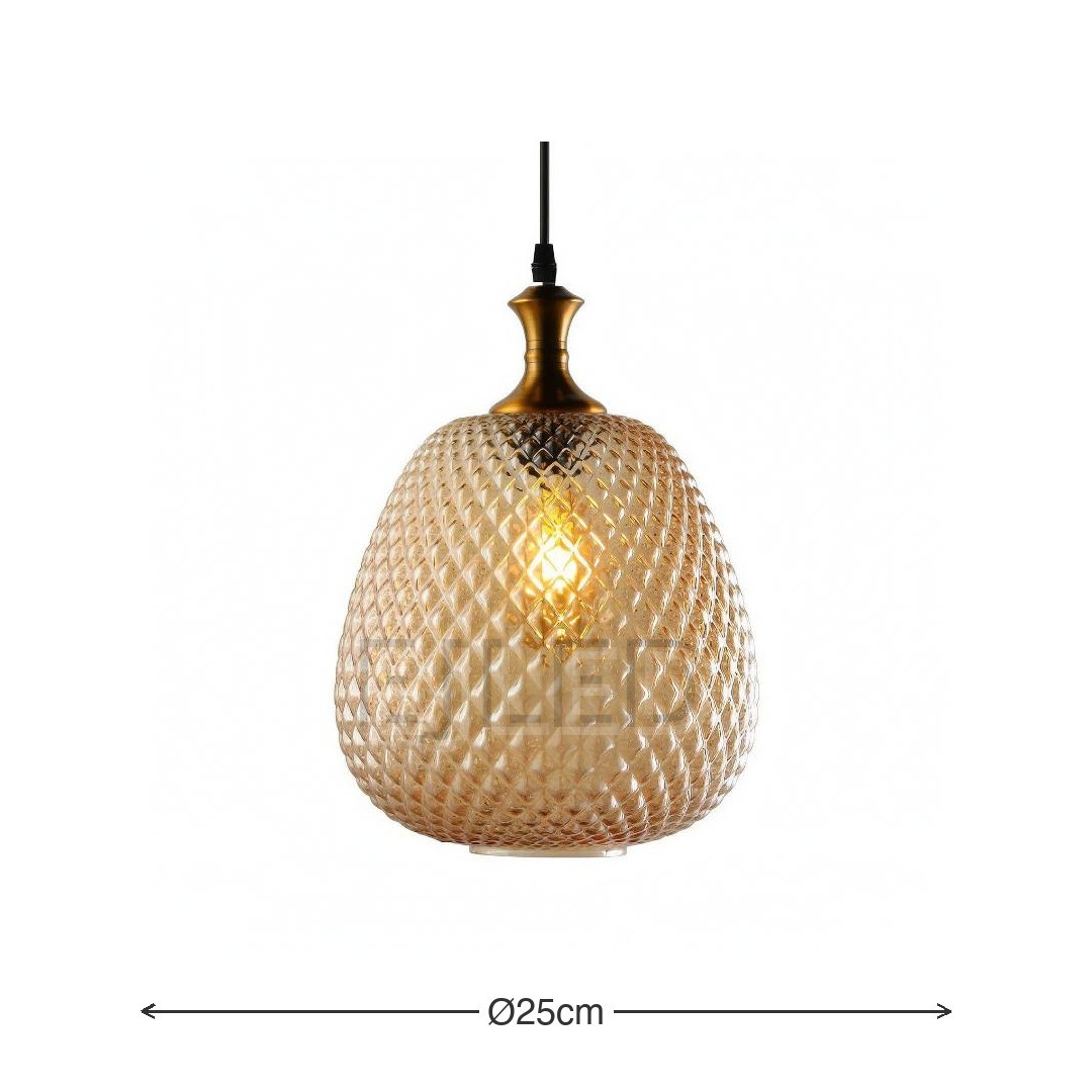 This amber textured glass pendant light features a bulbous diamond pattern shade paired with a metallic brass top and a black suspension cord. - view 3