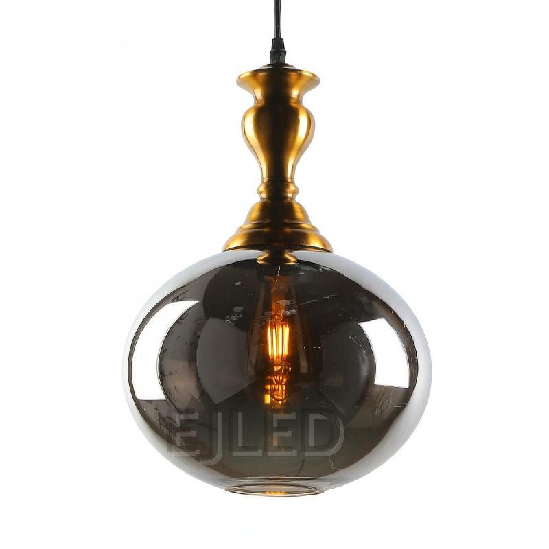 This pendant light features a smoke-tinted glass globe shade suspended below a decorative brass finish metal fixture body. An exposed filament LED bulb illuminates the interior.