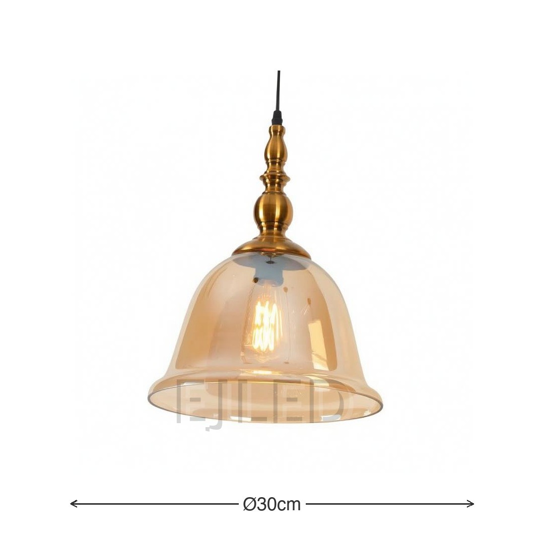 This pendant light features a bell-shaped amber glass shade suspended from an ornate brass-finished metal top. It uses one visible lamp for warm interior illumination. - view 3